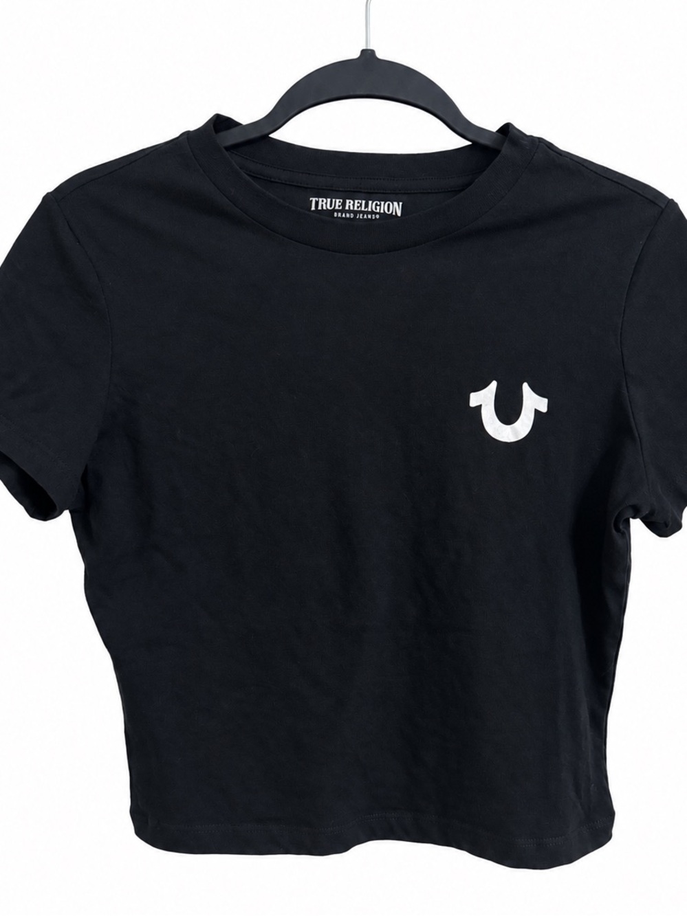 True Religion Womens Black Crop T-Shirt Buddha Horseshoe Logo Graphic Y2K Tee XS